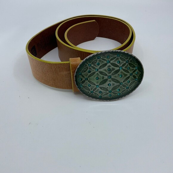 Vintage Y2K Brown Leather Belt with Statement Teal Rhinestone Buckle Gap Medium - Picture 1 of 7